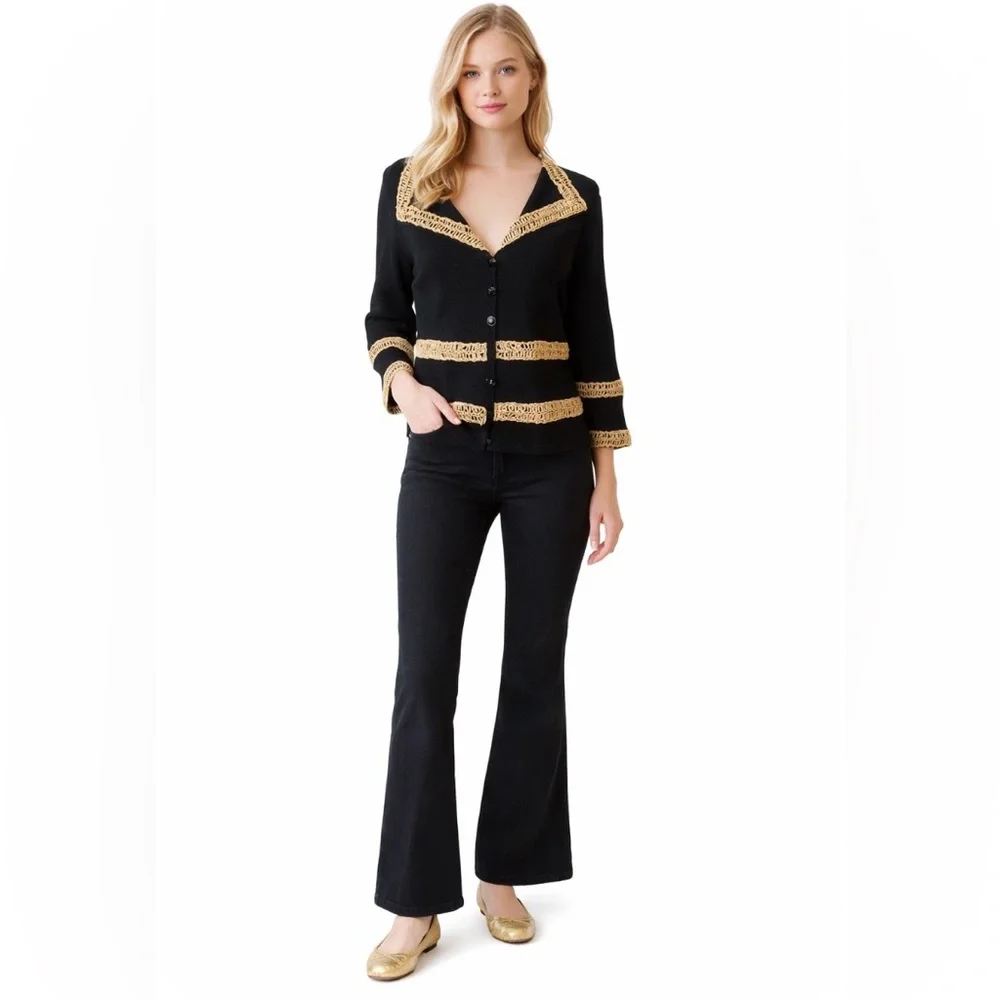 Elaris Black Crochet Trim Cardigan Blouse Gold Button Top Boho Chic Sweater Top